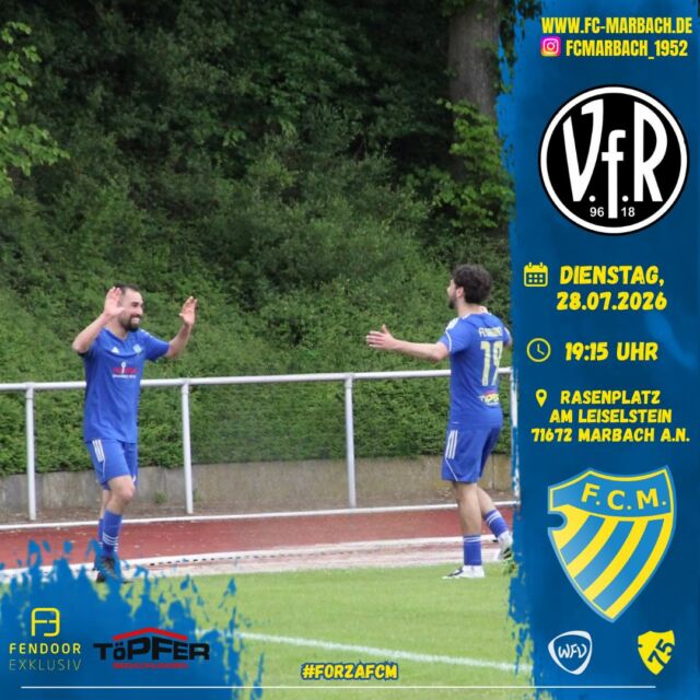 Herren I: Testspiel gegen Landesligisten! 🔵🟡

Im zweiten Test ist der Landesligist VfR Heilbronn zu Gast im Hainbuch Stadion in Marbach. 

Wir freuen uns auf zahlreiche Unterstützung und einen gelungenen Heimspielauftakt der neuen Saison! 💙💛

📅 Dienstag, 28.07.2026
🕓 19:15 Uhr
📍 Rasenplatz, Hainbuch Stadion, Am Leiselstein, 71672 Marbach am Neckar

#forzaFCM🔵🟡

#Testspiel #Vorbereitung #NurDerFC