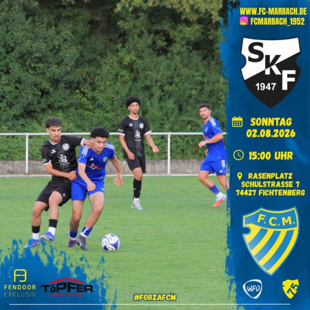 Herren l: Abschlussspiel des Trainingslagers! 🔵🟡

Nach einem erfolgreichen und intensiven Trainingslager in Fichtenberg steht morgen das abschließende Testspiel gegen den SK Fichtenberg an.

Unsere Jungs sind hochmotiviert und wollen auch den dritten Test erfolgreich gestalten, um mit einem positiven Gefühl die Vorbereitung fortzusetzen.

Wir freuen uns auf zahlreiche Unterstützung und einen gelungenen Abschluss des Trainingslagers! 💙💛

📅 Sonntag, 02.08.2026
🕓 15:00 Uhr
📍 Rasenplatz Fichtenberg, Schulstraße 7, 74427 Fichtenberg

#forzaFCM 🔵🟡

#Testspiel #Vorbereitung #NurDerFC