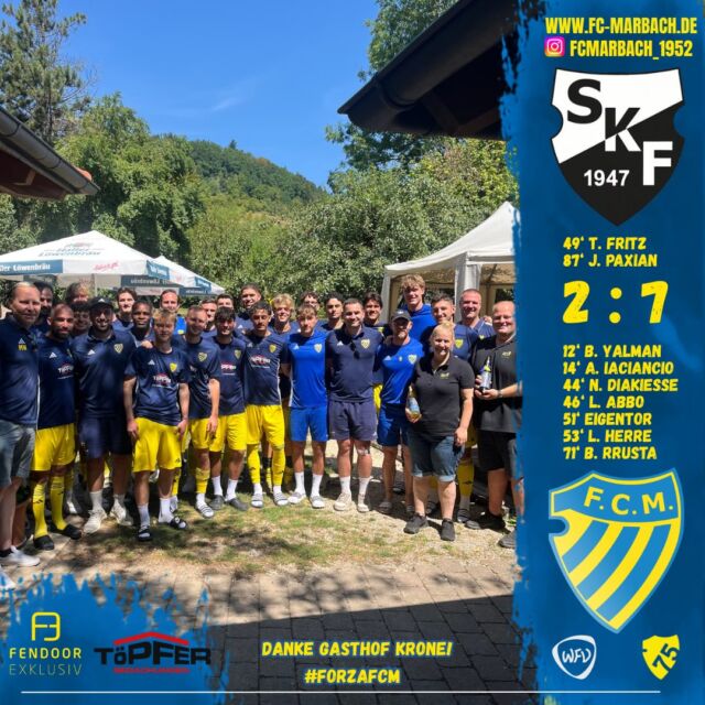 Herren I: Trainingslager Fichtenberg 2026 🔵🟡

Vier intensive Tage in Fichtenberg liegen hinter uns. Neben zahlreichen Trainingseinheiten bei herrlichem Wetter stand vor allem unser Spielaufbau sowie das Arbeiten gegen den Ball im Fokus. ⚽💙💛

Natürlich durfte auch der Spaß nicht fehlen: Zwei legendäre Mannschaftsabende, eine willkommene Abkühlung im Mineralfreibad Gaildorf und viele gemeinsame Stunden haben unser Team  enger zusammengeschweißt. 💪🏊

Ein riesiges Dankeschön geht an unsere Gastgeber Sandra und Wolfgang mit ihrem gesamten Team vom Gasthof Krone. Ihr wart einfach überragend und habt dafür gesorgt, dass wir uns vom ersten bis zum letzten Tag rundum wohlgefühlt haben. Eure Gastfreundschaft war spitze – wir freuen uns schon jetzt auf ein Wiedersehen im nächsten Jahr! ❤️

Zum Abschluss konnten wir die intensive Vorbereitung auch sportlich belohnen und unser Testspiel gegen den SK Fichtenberg mit 7:2 für uns entscheiden. Ein gelungener Abschluss eines rundum erfolgreichen Wochenendes! 💙💛

#forzaFCM 🔵🟡

#einTeam #danke #jubiläum #vorbereitung