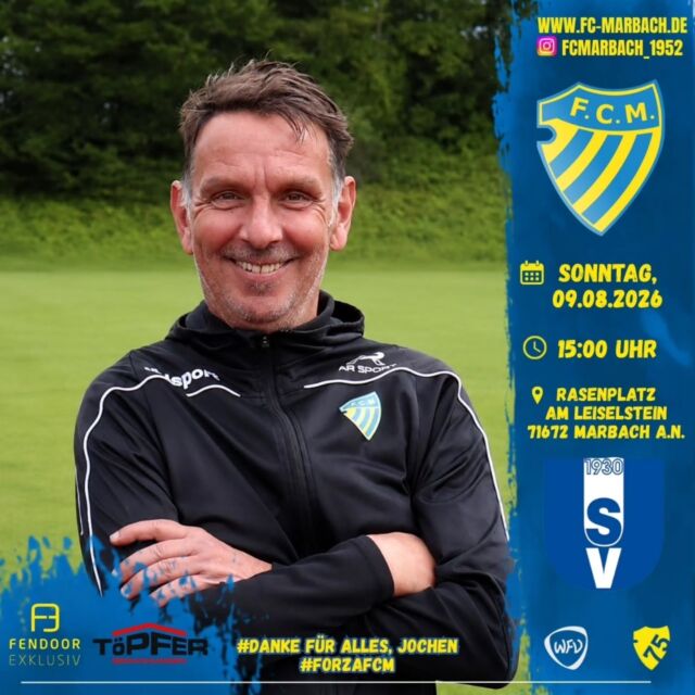 Herren I: Nächstes Testspiel im Hainbuch-Stadion 🔵🟡

Morgen steht das nächste Testspiel an. Zu Gast ist SV Unterweissach.

📅 09.08.2026
🕓 15:00 Uhr
📍 Rasenplatz, Hainbuch-Stadion, Am Leiselstein, 71672 Marbach am Neckar

In eigener Sache:
Unser 1. Vorsitzender Jochen Berger ist am vergangenen Donnerstag völlig überraschend verstorben.

Auf Wunsch seiner Familie haben wir uns dazu bislang nicht öffentlich geäußert.

Die Familie möchte zunächst einige Tage Zeit und Ruhe haben, um diesen schweren Verlust zu verarbeiten.

Diesen Wunsch respektieren wir selbstverständlich.

Unsere Gedanken sind bei Jochens Familie und allen, die ihm nahestanden. 🖤

#forzaFCM 🔵🟡