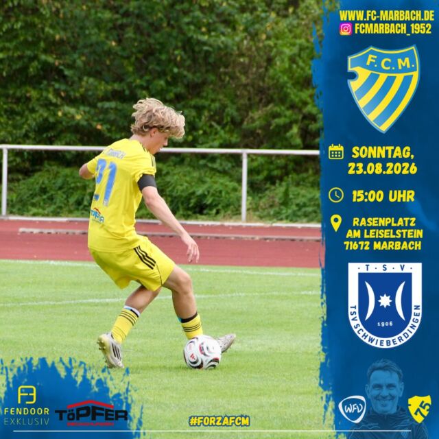 Herren l: Testspiel Nr. 6 🔵🟡

Morgen steht ein weiteres Testspiel an. Der TSV Schwieberdingen ist zu Gast in Marbach.

📅 23.08.2026
⏰ 15:00 Uhr 
📍 Hainbuch-Stadion, Am Leiselstein, 71672 Marbach

Wir freuen uns auf eure Unterstützung! 💙💛

#forzaFCM 🔵🟡

#einTeam #einVerein #jubiläum #home
