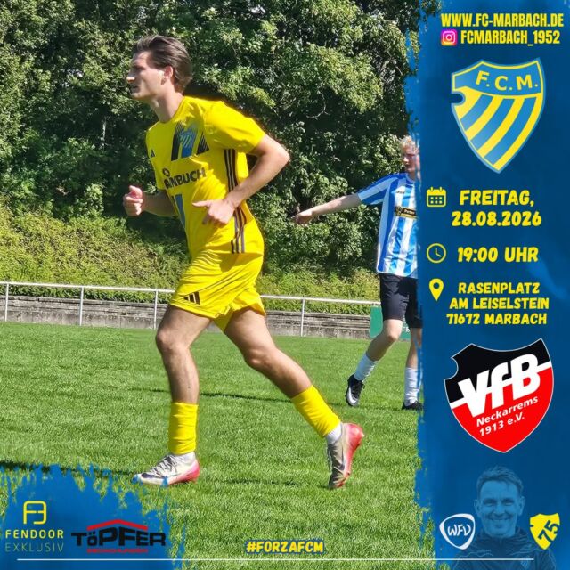 Herren l: Letztes Testspiel vor dem Pflichtspielauftakt! 🔵🟡

Morgen steht für unsere Jungs das letzte Testspiel an. 

Zum Abschluss der Vorbereitung geht es gegen den VfB Neckarrems, bevor am kommenden Mittwoch der Pflichtspielauftakt wartet: Im Pokal treffen wir auswärts auf den VfB Tamm. 🏆

📅 27.08.2026
⏰ 19:00 Uhr
📍 Hainbuch-Stadion, Am Leiselstein, 71672 Marbach am Neckar

Wir freuen uns auf eure Unterstützung. 💙💛

#forzaFCM 🔵🟡

#einVerein #jubiläum #einTeam #home