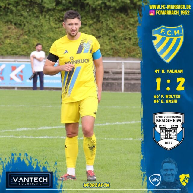 Herren I: Niederlage gegen Besigheim! 🔵🟡

Am vergangenen Wochenende war die SpVgg Besigheim zu Gast im Hainbuch-Stadion.

Am Anfang waren die Besigheimer die spielbestimmende Mannschaft, konnten jedoch zunächst nicht gefährlich vor das Marbacher Tor kommen. Unsere Jungs konnten immer wieder Nadelstiche setzen, die jedoch ohne Erfolg blieben. Somit ging es mit einem 0:0 in die Halbzeit.

Nach dem Seitenwechsel zeigten unsere Jungs, was in ihnen steckt: Nach einem schönen Spielzug konnte B. Yalman nach Vorarbeit von L. Möhle das umjubelte 1:0 erzielen.

In der 66. Spielminute konnten die Besigheimer einen Elfmeter verwandeln. In der Schlussphase versuchten beide Mannschaften, alles reinzuwerfen. Am Ende nutzten die Besigheimer Unstimmigkeiten in der Marbacher Defensive und konnten das Spiel mit 2:1 für sich entscheiden.

Mund abwischen und weitermachen! Bereits am kommenden Samstag wollen unsere Jungs drei Punkte in Bönnigheim einfahren. 💪🔥

Wie immer bedanken wir uns bei unseren Fans, die uns wieder einmal kräftig unterstützt haben. 💙💛

#forzaFCM 🔵🟡

#einTeam #bezirksliga #jubiläum #home