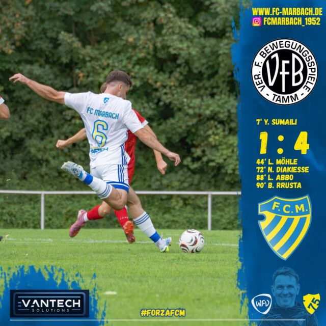 Herren I: Einzug in die zweite Runde! 🔵🟡

Gestern waren unsere Jungs zu Gast beim VfB Tamm – und konnten sich mit einem starken 4:1-Auswärtssieg den Einzug in die nächste Runde sichern! 

Die Gastgeber erwischten den besseren Start und gingen bereits in der 7. Spielminute mit 1:0 in Führung. Danach übernahmen unsere Jungs zunehmend die Kontrolle und dominierten die Partie mit viel Ballbesitz.

Kurz vor der Halbzeit belohnte sich das Team für den hohen Aufwand: Lukas Möhle setzte sich stark im Eins-gegen-eins durch und erzielte den verdienten 1:1-Ausgleich. 

Auch nach dem Seitenwechsel blieb das Bild unverändert. Unsere Jungs hatten viel Ballbesitz und erspielten sich mehrere gute Torchancen. In der 72. Spielminute war es dann endlich so weit: Nephtali Diakiesse schob zur lang ersehnten und verdienten 2:1-Führung ein! 
In der 88. Minute machte Lionel Abbo mit dem 3:1 den Deckel drauf, ehe Besnik Rrusta kurz darauf mit dem 4:1 für den Endstand sorgte. 🔥

Damit ziehen unsere Jungs verdient in die nächste Runde ein! 🏆

Jetzt gilt der volle Fokus dem Ligastart am kommenden Sonntag.

Ein großes Dankeschön geht natürlich auch an unsere Fans, die uns wieder einmal lautstark unterstützt haben! 💙💛

#forzaFCM 🔵🟡

#zusammenhalt #jubiläum #pokal #einTeam