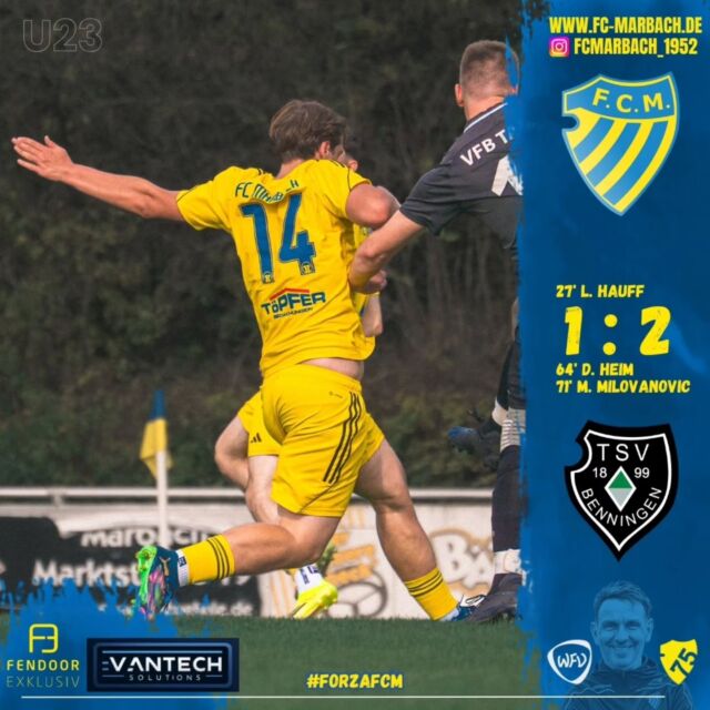 U23: In einem ausgeglichenen Derby gegen den TSV Benningen muss sich unsere U23 trotz einer guten Leistung knapp mit 1:2 geschlagen geben.

Über die gesamte Spielzeit waren unsere Jungs gut in der Partie und begegneten dem Gegner auf Augenhöhe. Am Ende fehlte leider das nötige Quäntchen Glück, sodass unsere Pokalreise in der zweiten Runde endet. 🏆

Trotzdem eine starke Leistung unserer jungen Mannschaft! 💙💛

Kopf hoch, Jungs! 🔥

#forzaFCM 🔵🟡