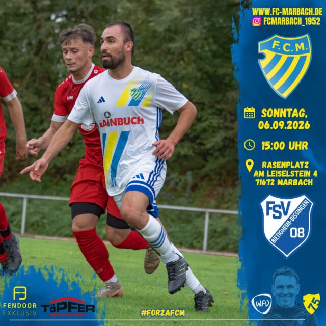 Herren l: Ligastart gegen Bietigheim-Bissingen! 🔵🟡

Nach dem erfolgreichen Spiel im Pokal ist dieses Wochenende zum Ligastart der FSV 08 Bietigheim-Bissingen ll zu Gast in Marbach.

Unsere Jungs sind heiß und wollen im ersten Spiel den ersten Sieg einfahren. 🔥

Zudem freuen wir uns über eure tatkräftige Unterstützung von den Rängen. 💙💛

🏆 Punktspiel
🆚 FSV 08 Bietigheim-Bissingen ll 
📆 Sonntag, 06.09.2026
⏰ 15:00 Uhr
🏟️ Hainbuch-Stadion, Am Leiselstein, 71672 Marbach am Neckar

#forzaFCM 🔵🟡

#einTeam #bezirksliga #jubiläum #home
