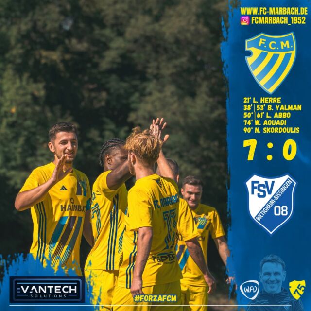 Herren I: Kantersieg zum Ligastart! 🔵🟡

Am vergangenen Wochenende war die FSV 08 Bietigheim-Bissingen II zu Gast im Hainbuch-Stadion.

Unsere Jungs waren von Beginn an die spielbestimmende Mannschaft und erspielten sich bereits früh einige gute Möglichkeiten. In der 21. Spielminute war es schließlich L. Herre, der nach schöner Vorarbeit von B. Yalman mit einem sehenswerten Abschluss das verdiente 1:0 erzielte.
Nur wenige Minuten später erhöhte B. Yalman auf 2:0, nachdem ein Schuss von L. Möhle abgeprallt war. Mit dieser verdienten Führung ging es in die Halbzeitpause.

Auch nach dem Seitenwechsel machten unsere Jungs weiter Druck. Nach einem herausragenden Ball von F. Gervalla konnte sich L. Abbo in die Torschützenliste eintragen und auf 3:0 erhöhen. Kurz darauf verwandelte B. Yalman einen Elfmeter sicher zum 4:0.
In Überzahl dominierten unsere Jungs das Spiel weiterhin und ließen nichts mehr anbrennen. In der 51. Spielminute schnürte L. Abbo nach Vorarbeit von L. Herre seinen Doppelpack und erhöhte auf 5:0.
Nur wenige Minuten später durfte sich auch W. Aouadi über sein erstes Tor für den FC freuen. Den Schlusspunkt setzte N. Skordoulis, der nach Vorarbeit von B. Rrusta ebenfalls erstmals für den FC traf.

Ein rundum gelungener Auftakt in die neue Saison! 💪

Ein großes Dankeschön geht außerdem an unsere zahlreichen Fans, die uns über die gesamte Spielzeit hinweg lautstark unterstützt haben! 💙💛

#forzaFCM 🔵🟡

#einTeam #jubiläum #bezirksliga #home