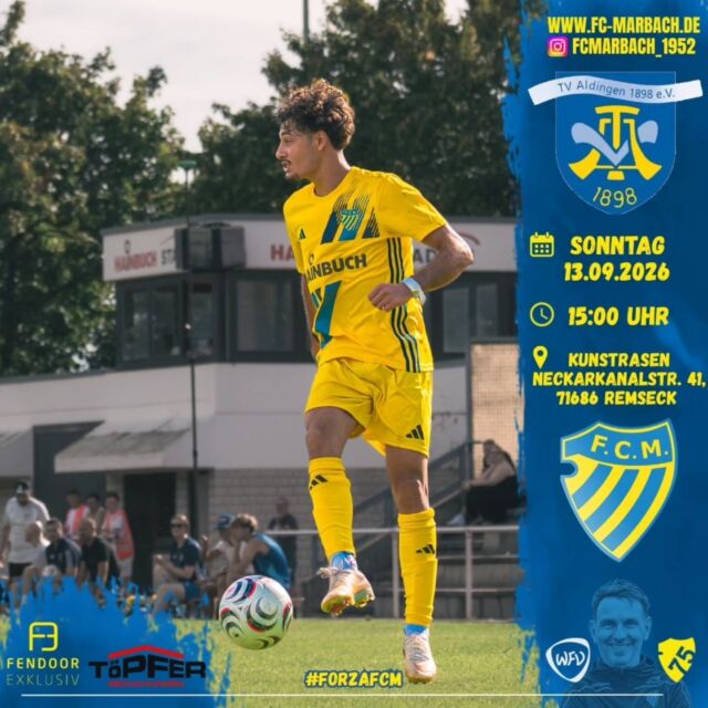 Herren l: Erster Auswärtsspieltag in Aldingen! 🔵🟡

Nach dem erfolgreichen 7:0-Heimsieg zum Saisonauftakt steht für unsere Jungs morgen das erste Auswärtsspiel der neuen Bezirksliga-Saison an.

Am 2. Spieltag sind wir beim letztjährigen Vizemeister TV Aldingen zu Gast. Unsere Jungs wollen an die Leistung vom vergangenen Wochenende anknüpfen und auch auswärts die nächsten Punkte einfahren. 🔥

Wir freuen uns über eure tatkräftige Unterstützung von der Seitenlinie! 💙💛

🏆 Punktspiel
🆚 TV Aldingen
📆 Sonntag, 13.09.2026
⏰ 15:00 Uhr
🏟️ Kunstrasenplatz, Neckarkanalstraße 41, 71686 Remseck am Neckar

#forzaFCM 🔵🟡

#einTeam #bezirksliga #jubiläum #away