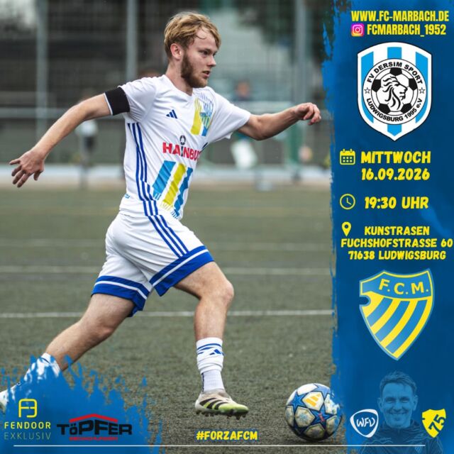 Herren I: Flutlichtspiel im Pokal gegen Ludwigsburg! 🔵🟡

Morgen Abend sind unsere Jungs in der 2. Runde des Bezirkspokals gegen den FV Dersim Sport Ludwigsburg gefordert. ⚽️

Unsere Jungs sind heiß und wollen unter Flutlicht den Einzug in die nächste Pokalrunde perfekt machen! 🔥

Jetzt seid ihr gefragt! Kommt vorbei und verwandelt den Ludwigsburger Sportplatz in eine echte Heimspielatmosphäre. 💙💛

🏆 Pokalspiel
🆚 FV Dersim Sport Ludwigsburg
📆 Mittwoch, 16.09.2026
⏰ 19:30 Uhr
🏟️ Kunstrasen, Fuchshofstraße 60, 71638 Ludwigsburg

#forzaFCM 🔵🟡

#einTeam #jubiläum #pokal #away
