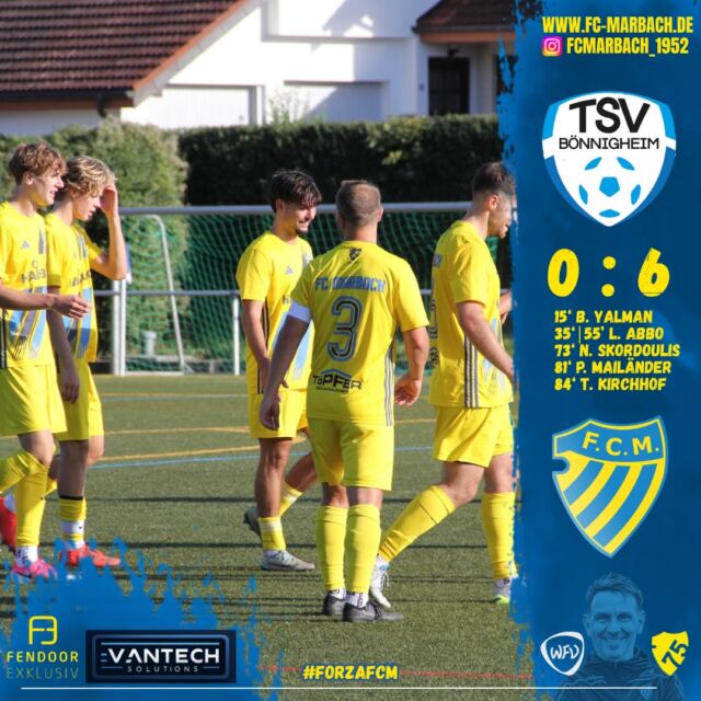 Herren I: Verdienter Sieg in Bönnigheim! 🔵🟡

Bei sommerlichen Temperaturen waren unsere Jungs am Wochenende zu Gast beim TSV Bönnigheim.

Von der ersten Minute an kontrollierte der FC das Spiel und erspielte sich mehrere gute Torchancen. In der 15. Spielminute war es dann soweit: B. Yalman erzielte den Führungstreffer. Nach einem schönen Ball von C. Meyer und der anschließenden Ablage von B. Yalman konnte L. Abbo kurz vor dem Halbzeitpfiff auf 0:2 erhöhen.

Auch nach dem Seitenwechsel zeigte sich ein ähnliches Bild. Unsere Jungs kontrollierten das Spielgeschehen und ließen nur wenige Chancen des Gegners zu. Das nächste Tor ließ nicht lange auf sich warten: In der 55. Spielminute markierte L. Abbo nach einem schönen Steckpass von L. Herre seinen zweiten Treffer zum 0:3.

Nur wenig später erhöhte Joker N. Skordoulis auf 0:4 für den FC. Auch P. Mailänder konnte sich mit seinem Treffer in die Torschützenliste eintragen. Kurz vor Schluss war es schließlich T. Kirchhof, der mit seinem ersten Tor für den FC den 0:6-Endstand besiegelte.

Ein rundum gelungener Auftritt in Bönnigheim! Mit etwas mehr Kaltschnäuzigkeit vor dem Tor wäre sicherlich noch der ein oder andere Treffer möglich gewesen. 🔥

Bereits am Mittwoch geht es im Pokal gegen den NK Croatia Bietigheim weiter. 💪

Wie immer möchten wir uns bei unseren treuen Fans bedanken: Ihr seid klasse! 💙💛

#forzaFCM 🔵🟡

#einTeam #bezirksliga #jubiläum #away
