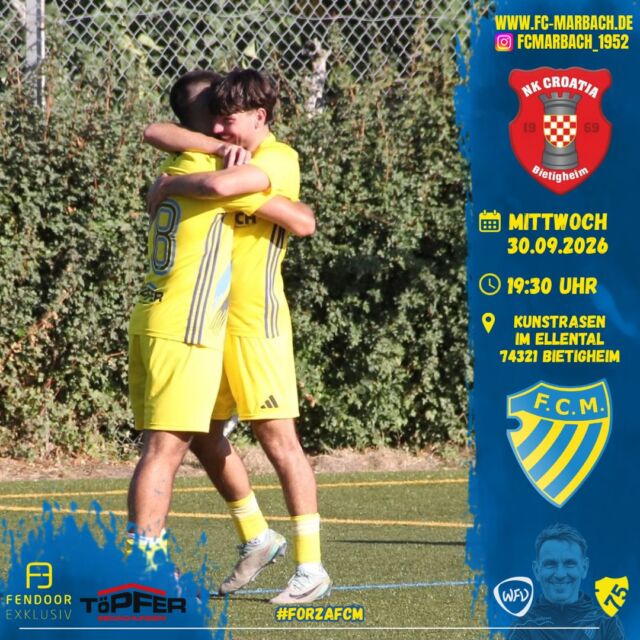Herren l: Pokalabend in Bietigheim! 🔵🟡

Am morgigen Mittwoch sind unsere Jungs in der dritten Runde des Bezirkspokals zu Gast bei NK Croatia Bietigheim.

Das Ziel ist klar: Man möchte eine gute Leistung zeigen und in die nächste Runde einziehen. 🔥

Kommt vorbei und unterstützt unsere Mannschaft tatkräftig. 💙💛

🏆 Pokalspiel
🆚 NK Croatia Bietigheim 
📆 Mittwoch, 30.09.2026
⏰ 19:30 Uhr
🏟️ Im Ellental, Kunstrasenplatz, 74321 Bietigheim-Bissingen

#forzaFCM 🔵🟡

#bezirkspokal #einTeam #zusammenhalt #away