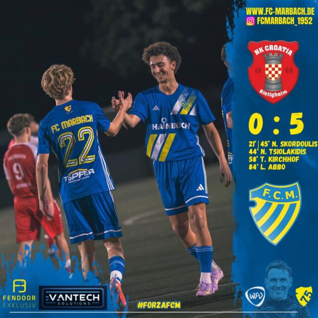Herren I: Ungefährdeter Sieg in Bietigheim! 🔵🟡

Gestern Abend waren unsere Jungs zu Gast beim NK Croatia Bietigheim.

Von Beginn an waren unsere Jungs spielbestimmend und kreierten gute Chancen. Hinten hingegen ließen sie nur wenig zu. In der 21. Spielminute nutzte L. Möhle seine Schnelligkeit und spielte einen schönen Pass auf N. Skordoulis, der genau dort stand, wo ein Stürmer stehen muss, und sicher zum 0:1 verwandelte.

In der 44. Spielminute brachte B. Rrusta eine Ecke punktgenau auf den Kopf von N. Tsiolakidis, der den Ball ins lange Eck köpfte. Mit dem Halbzeitpfiff konnte N. Skordoulis mit einem schönen Weitschuss das 0:3 für den FC erzielen.

Auch nach der Halbzeit waren unsere Jungs die spielbestimmende Mannschaft. Sie erspielten sich weitere Torchancen und standen hinten weiterhin sehr konzentriert. Bereits in der 58. Spielminute konnte T. Kirchhof nach einem Pass von W. Aoaudi den Ball platziert unten links im Tor unterbringen.

Die Partie blieb weiterhin einseitig. Kurz vor Schluss konnte L. Abbo nach einer tollen Einzelleistung das 0:5 erzielen.

Ein ungefährdeter Sieg! Bereits am Sonntag geht es zu Hause gegen den TSV Münchingen weiter. Auch hier wollen wir die nächsten drei Punkte einfahren. 🔥

Ein großes Dankeschön gilt unseren Fans, die auch an einem Mittwochabend zur tatkräftigen Unterstützung vorbeikamen. 💙💛

#forzaFCM 🔵🟡

#einTeam #pokal #jubiläum #away