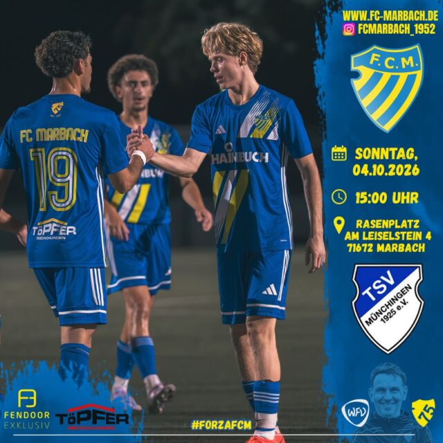 Herren I: Heimspiel gegen den TSV Münchingen! 🔵🟡

Zum 5. Spieltag empfangen wir die Münchinger im Hainbuch Stadion.

Nachdem man in Bönnigheim zurück auf die Siegesstraße gefunden hat gilt es jetzt die Spur zu halten.🔥

Unsere U23 erwartet im Derby die Nachbarn vom TSV 1899 Benningen. 💪

Kommt vorbei und unterstützt unsere beiden Mannschaften lautstark. 💙💛

🏆 Pflichtspiel
🆚 TSV Münchingen
📆 Sonntag, 04.10.2026
⏰ 15:00 Uhr
🏟️ Hainbuch-Stadion, Am Leiselstein 4, 71672 Marbach am Neckar 

#forzaFCM 🔵🟡

#einTeam #bezirksliga #jubiläum #home