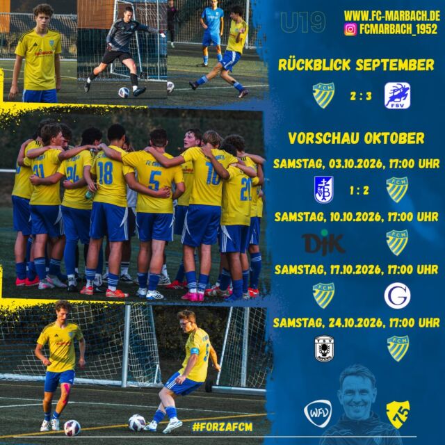 U19: Auch unsere U19 ist in die neue Saison gestartet! 💙💛

Nach einem spannenden Auftakt gegen Oßweil, bei dem unsere Jungs leider eine 2:0-Führung aus der Hand gaben, konnten sie am vergangenen Samstag die ersten 3 Punkte einfahren! 💪🏼

Im Oktober warten weitere spannende Spiele auf unsere Nachwuchstalente. Kommt vorbei und unterstützt die Jungs! 🙌🏼

#forzaFCM 🔵🟡

#einTeam #jugend #jubiläum