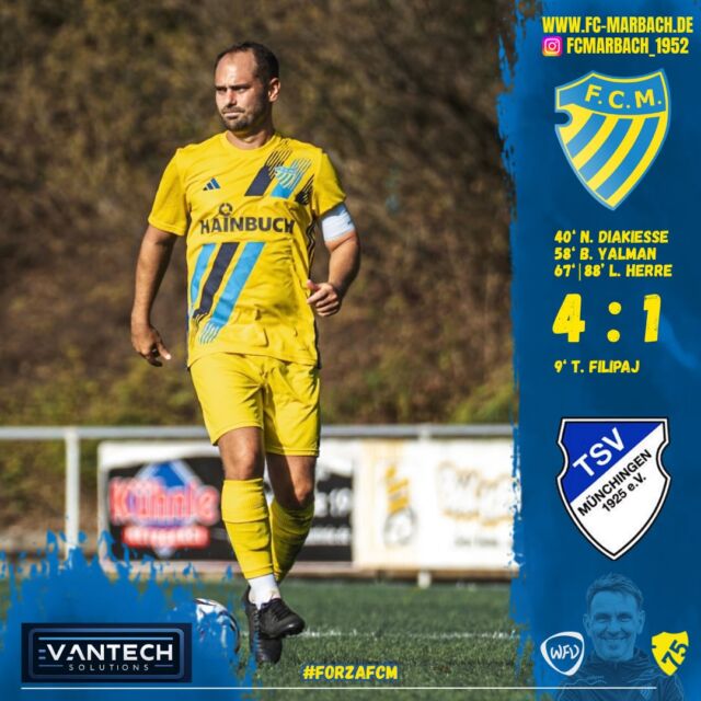 Herren I: FC weiter auf der Siegesspur! 🔵🟡

Am vergangenen Wochenende war der TSV Münchingen zu Gast im Hainbuch-Stadion.

Von Beginn an entwickelte sich eine Partie, in der sich unsere Jungs zahlreiche hochkarätige Torchancen erspielten, diese jedoch zunächst nicht nutzen konnten. Die Münchinger hingegen setzten auf Konter und konnten einen dieser Angriffe in der 9. Spielminute zu einem Elfmeter verwandeln. Diesen verwandelten sie sicher zur 1:0-Führung.

Auch nach dem Gegentreffer blieb das Spielgeschehen unverändert. Unsere Jungs machten weiter Druck und wurden in der 40. Spielminute belohnt: N. Diakiesse erzielte den langersehnten und zu diesem Zeitpunkt mehr als verdienten Ausgleich zum 1:1.

Nach dem Seitenwechsel blieben unsere Jungs weiterhin zielstrebig und ließen defensiv nur wenig anbrennen. In der 58. Spielminute konnte B. Yalman nach Vorarbeit von N. Diakiesse zum 2:1-Führungstreffer einschieben.

Nur wenige Minuten später war es der eingewechselte L. Herre, der nach sehenswerter Vorarbeit von F. Gervalla die Führung auf 3:1 ausbauen konnte. Kurz vor Schluss war es erneut L. Herre, der nach einem Pass von Youngster L. Macan seinen Doppelpack schnürte und damit den 4:1-Endstand perfekt machte. 💪

Nächste Woche wartet bereits das nächste Heimspiel gegen den TSV Phönix Lomersheim! 🔥

Wie immer gilt unser Dank den zahlreichen Zuschauern im Hainbuch-Stadion für die großartige Unterstützung! 💙💛

#forzaFCM 🔵🟡

#einTeam #bezirksliga #jubiläum #home