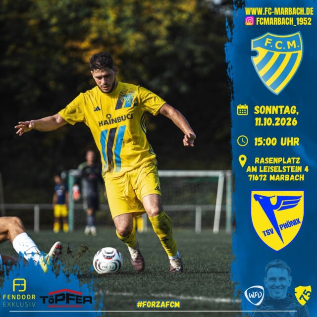 Herren l: Heimspiel gegen den TSV Phönix Lomersheim! 🔵🟡

Am 6. Spieltag empfangen unsere Jungs zuhause den TSV Phönix Lomersheim.

Das Ziel ist klar: Man will die Siegesserie fortsetzen und in der Tabelle weiter nach oben klettern. 🔥

Bereits um 13 Uhr empfängt unsere U23 auf dem Kunstrasenplatz den TSV Affalterbach ll.

Kommt vorbei und unterstützt unsere Mannschaften. 💙💛

🏆 Pflichtspiel
🆚 TSV Phönix Lomersheim
📆 Sonntag, 11.10.2026
⏰ 15:00 Uhr
🏟️ Hainbuch-Stadion, Am Leiselstein, 71672 Marbach am Neckar

#forzaFCM 🔵🟡

#einTeam #bezirksliga #jubiläum #home