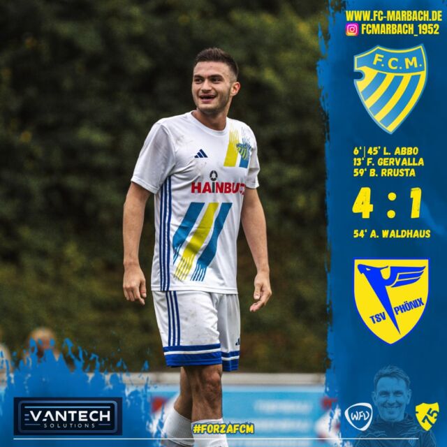 Herren I: Verdienter Sieg gegen Lomersheim! 🔵🟡

Am Wochenende war der TSV Phönix Lomersheim zu Gast im Marbacher Hainbuch-Stadion.

Unsere Jungs kamen gut in die Partie: Bereits in der 6. Spielminute konnten wir das 1:0 erzielen. V. Delimpeis schirmte den Ball nach einem Eckball gut ab und spielte ihn zu A. Iaciancio, der den Ball zu L. Abbo weiterleitete. Dieser schloss eiskalt zur Führung ab.

Nur wenige Minuten später verwandelte F. Gervalla einen Elfmeter, den L. Herre herausgeholt hatte, souverän zum 2:0. Kurz vor der Halbzeit war es ein schöner Spielzug unserer Jungs, den L. Abbo zum 3:0-Halbzeitstand vollendete.

Auch nach dem Seitenwechsel behielten unsere Jungs die Kontrolle über das Spiel. Dennoch konnten die Lomersheimer eine Unkonzentriertheit nutzen und auf 3:1 verkürzen. Davon ließen sich die Marbacher jedoch nicht beeindrucken: In der 59. Spielminute erzielte B. Rrusta das 4:1.

Alles in allem ein gelungener Auftritt unserer Jungs und ein verdienter, ungefährdeter Sieg! 💪🏼

Schon am Donnerstagabend geht es weiter! Um 19:30 Uhr sind unsere Jungs beim Pokalderby in Murr gefordert.

Wie immer möchten wir uns herzlich bei euch für eure Unterstützung bedanken! 💙💛

#forzaFCM 🔵🟡

#einTeam #bezirksliga #jubiläum #home
