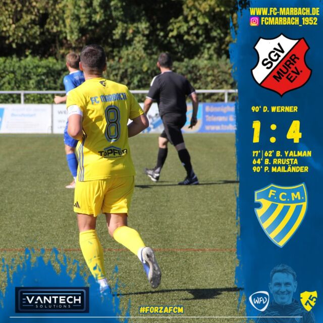 Herren I: Marbach entscheidet das „Spiel des Jahres“ für sich! 🔵🟡

Am gestrigen Donnerstagabend war der FC Marbach zum Pokalderby bei der SGV Murr zu Gast.

Unsere Jungs übernahmen von Beginn an die Kontrolle und erspielten sich gute Torchancen. In der 17. Spielminute zahlte sich das hohe Pressing aus: B. Yalman nutzte einen Fehlpass der Murrer Defensive und schob zum 0:1 ein. Mit diesem Spielstand ging es in die Halbzeitpause.

Nach dem Seitenwechsel erhöhte Murr den Druck. Es entwickelte sich eine hitzige Partie, in der die Gastgeber in den Zweikämpfen sehr hart und körperbetont zur Sache gingen. Die Partie wurde zunehmend intensiver und verlangte unseren Jungs einiges ab. Trotz der harten Gangart ließen wir uns nicht aus der Ruhe bringen und erspielten uns weiterhin gute Chancen. Einen Elfmeter konnten wir leider nicht nutzen.

In der 62. Minute war es erneut B. Yalman, der nach einem Freistoß von B. Rrusta auf 0:2 erhöhte. Nur zwei Minuten später verwandelte B. Rrusta einen Freistoß direkt zum 0:3! 💥

Auch danach versuchte Murr, mit viel Einsatz und körperlicher Härte Druck aufzubauen, scheiterte aber an unserer stabilen Defensive. In der 90. Minute machte P. Mailänder nach Vorarbeit von T. Kirchhof mit dem 0:4 alles klar. Kurz vor Schluss gelang Murr durch einen abgefälschten Weitschuss noch der Treffer zum 1:4-Endstand.

Derbysieger und Viertelfinale! 🔵🟡

Eine gute Nachricht gibt es auch von unserem Youngster Lionel Abbo, der sich in einem intensiven Zweikampf unglücklich verletzte: Zum Glück geht es ihm bereits besser. Die Diagnose lautet Rippenprellung. Gute Besserung weiterhin, Lionel! 💙💛

Im kommenden Jahr geht es im Bezirkspokal-Viertelfinale weiter. Doch schon am Sonntag steht das nächste Spiel an: Der Tabellennachbar aus Merklingen ist beim FC Marbach zu Gast.

Ein riesiges Dankeschön an unsere zahlreichen Fans für die großartige Unterstützung. Ihr seid super! 💙💛

#forzaFCM 🔵🟡

#einTeam #bezirkspokal #jubiläum #away