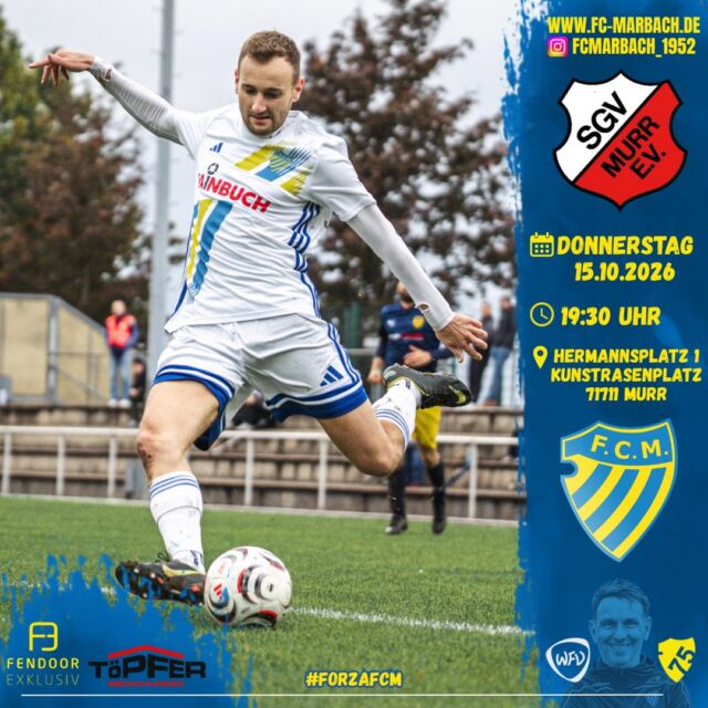 Herren I: Pokalderby in Murr! 🔵🟡

Am morgigen Donnerstagabend sind unsere Jungs zum Pokalderby bei der SGV Murr zu Gast.

Das Ziel ist klar: Das Selbstvertrauen aus den letzten Spielen mitnehmen und den Einzug ins Viertelfinale des Bezirkspokals perfekt machen! 🔥

Kommt vorbei, unterstützt unsere Mannschaft lautstark und verwandelt den Murrer Sportplatz in ein blau-gelbes Tollhaus! 💙💛

🏆 Pokalspiel
🆚 SGV Murr
📆 Donnerstag, 15.10.2026
⏰ 19:30 Uhr
🏟️ Kunstrasenplatz, Hermannsplatz 1, 71711 Murr

#forzaFCM 🔵🟡

#einTeam #Bezirkspokal #jubiläum #away