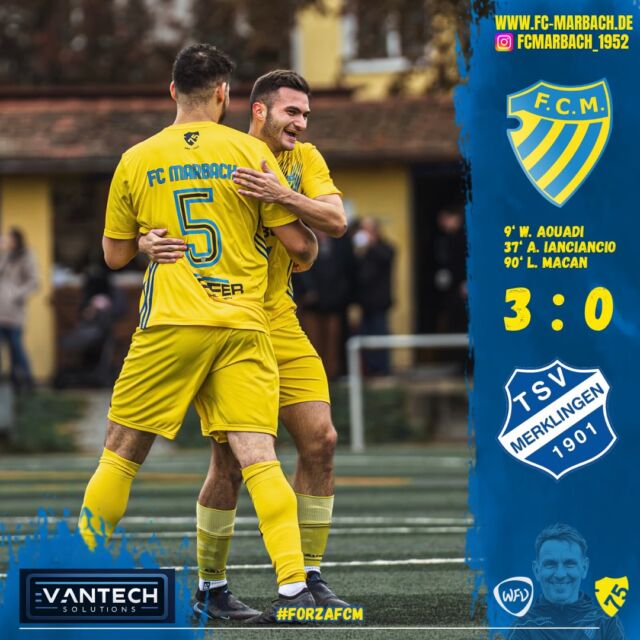 Herren I: Siegesserie fortgesetzt! 🔵🟡

Am vergangenen Sonntag war der TSV Merklingen zu Gast in Marbach. 

Unsere Jungs übernahmen von Beginn an die Spielkontrolle, überzeugten mit offensiver Durchschlagskraft und standen defensiv konzentriert und stabil.

Bereits in der 8. Spielminute brachte W. Aouadi den FC nach einem Eckball von F. Gervalla mit 1:0 in Führung. Auch danach erspielten sich unsere Jungs zahlreiche Chancen und blieben die spielbestimmende Mannschaft. Kurz vor der Halbzeit war es dann ein Weltklasse-Pass von B. Yalman, den A. Iaciancio zum verdienten 2:0 verwerten konnte. Zusätzlich agierten unsere Jungs ab der 41. Spielminute in Überzahl, nachdem ein Merklinger Spieler aufgrund eines groben Foulspiels zurecht des Feldes verwiesen wurde.

Nach dem Seitenwechsel fiel es unserer Mannschaft jedoch schwer, die Überzahl auszunutzen und an die starke Leistung der ersten Halbzeit anzuknüpfen. Die Gäste aus Merklingen versuchten, den Anschlusstreffer zu erzielen, doch unsere Defensive stand weiterhin stabil und ließ keine hochkarätigen Torchancen zu.

Auch offensiv setzten unsere Jungs immer wieder Nadelstiche. Allerdings scheiterten wir zu häufig an uns selbst: Unkonzentriertheiten im letzten Pass und ungenaue Abschlüsse verhinderten eine frühzeitige Entscheidung. Erst in der 90. Spielminute sorgte L. Macan für den Schlusspunkt. Nach Zuspiel von N. Diakiesse und mit etwas Glück traf er zum hochverdienten 3:0-Endstand! 🔥

Ein rundum gelungener Auftritt, bei dem am Ende durchaus noch mehr drin gewesen wäre. Dennoch nehmen unsere Jungs drei verdiente Punkte mit und setzen ihre Siegesserie fort! 💪🏼

Nun wartet eine intensive Trainingswoche auf unsere Mannschaft, bevor am kommenden Sonntag das absolute Topspiel beim Tabellenkonkurrenten in Heimsheim ansteht. Wir freuen uns auf die nächste Herausforderung! 💥

Ein ganz herzliches Dankeschön geht an unsere Fans, die uns auch bei unangenehmem Wetter auf dem Sportplatz unterstützt und den Weg nach Marbach gefunden haben. Eure Unterstützung ist unbezahlbar! 💙💛

#forzaFCM 🔵🟡

#einTeam #bezirksliga #jubiläum #home