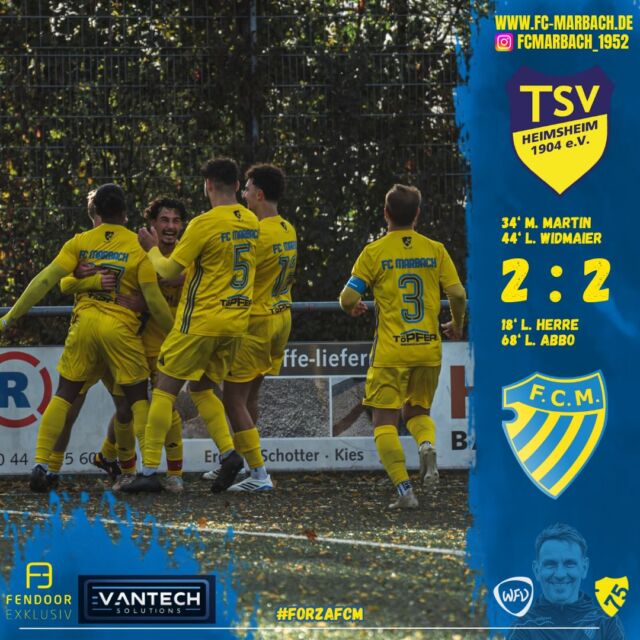 Herren I: Punktgewinn in Heimsheim! 🔵🟡

Am Wochenende waren unsere Jungs beim bislang ungeschlagenen Tabellenführer TSV Heimsheim zu Gast.

Bei nasskaltem und ungemütlichem Wetter zeigten unsere Jungs von Beginn an eine gute Leistung und fanden immer besser ins Spiel. In der 18. Spielminute nutzten die Marbacher ihre Schnelligkeit: Nach einem langen Ball von F. Gervalla setzte sich L. Abbo gegen seinen Gegenspieler durch und legte auf L. Herre ab, der zur 0:1-Führung einschob.

Gegen Ende der ersten Halbzeit kamen die Gastgeber besser ins Spiel und erzielten mit einem sehenswerten Schuss den 1:1-Ausgleich. Kurz vor dem Halbzeitpfiff mussten unsere Jungs nach einem Eckball in der 44. Minute sogar noch das 2:1 hinnehmen.

Nach dem Seitenwechsel entwickelte sich eine intensive und umkämpfte Partie. Während die Heimsheimer vor allem durch Standards gefährlich wurden, hatten unsere Jungs mehr Spielanteile und erspielten sich gute Torchancen.

In der 68. Spielminute spielte der eingewechselte P. Mailänder einen schönen Steckpass auf L. Abbo. Dieser blieb vor dem Tor cool und verwandelte sehenswert zum verdienten 2:2-Ausgleich!
Auch in der Schlussphase waren unsere Jungs spielbestimmend. Kurz vor dem Abpfiff ergaben sich sogar noch mehrere Möglichkeiten, das Spiel komplett zu drehen und die drei Punkte mit nach Marbach zu nehmen.

Unterm Strich ein starker Auftritt unserer Jungs, bei dem sogar noch mehr drin gewesen wäre. Auch Trainer Christos Makrigiannis zeigte sich mit dem Ergebnis nicht ganz zufrieden:
„Zwei verlorene Punkte für uns heute, da wir die klar bessere Mannschaft waren. Hinten raus hatten wir noch eine Riesenchance. Dazu kam die ein oder andere zweifelhafte Schiedsrichterentscheidung, darunter ein nicht gegebenes Abseitstor. Alles in allem waren wir die bessere Mannschaft, nehmen den Punkt aber mit.“

Ein großes Dankeschön geht an unsere Fans, die uns auch bei diesem ungemütlichen Wetter lautstark und tatkräftig unterstützt haben! 💙💛

Am kommenden Sonntag steht das nächste Heimspiel an. Mit dem TASV Hessigheim wartet der nächste echte Härtetest auf unsere Jungs. Wir freuen uns auf eure Unterstützung!

#forzaFCM 🔵🟡

#einTeam #bezirksliga